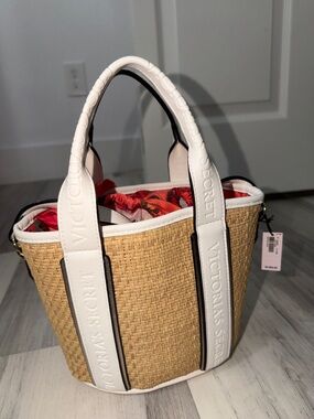 Victoria's Secret Natural Woven Tote with White Trim